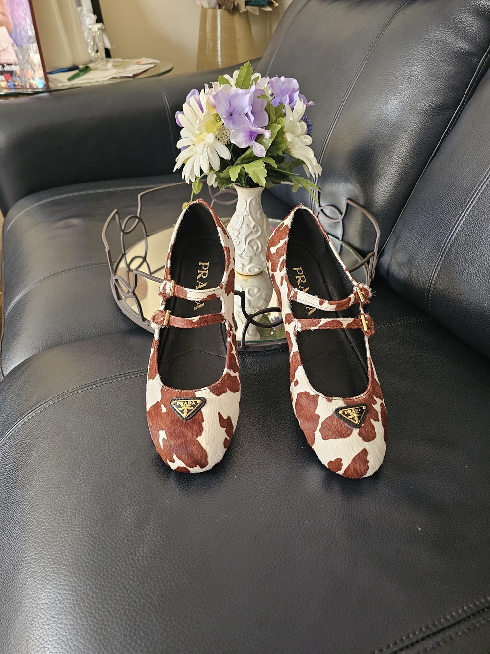 Prada Women' Brown & White Cowprint Mary Jane Shoes